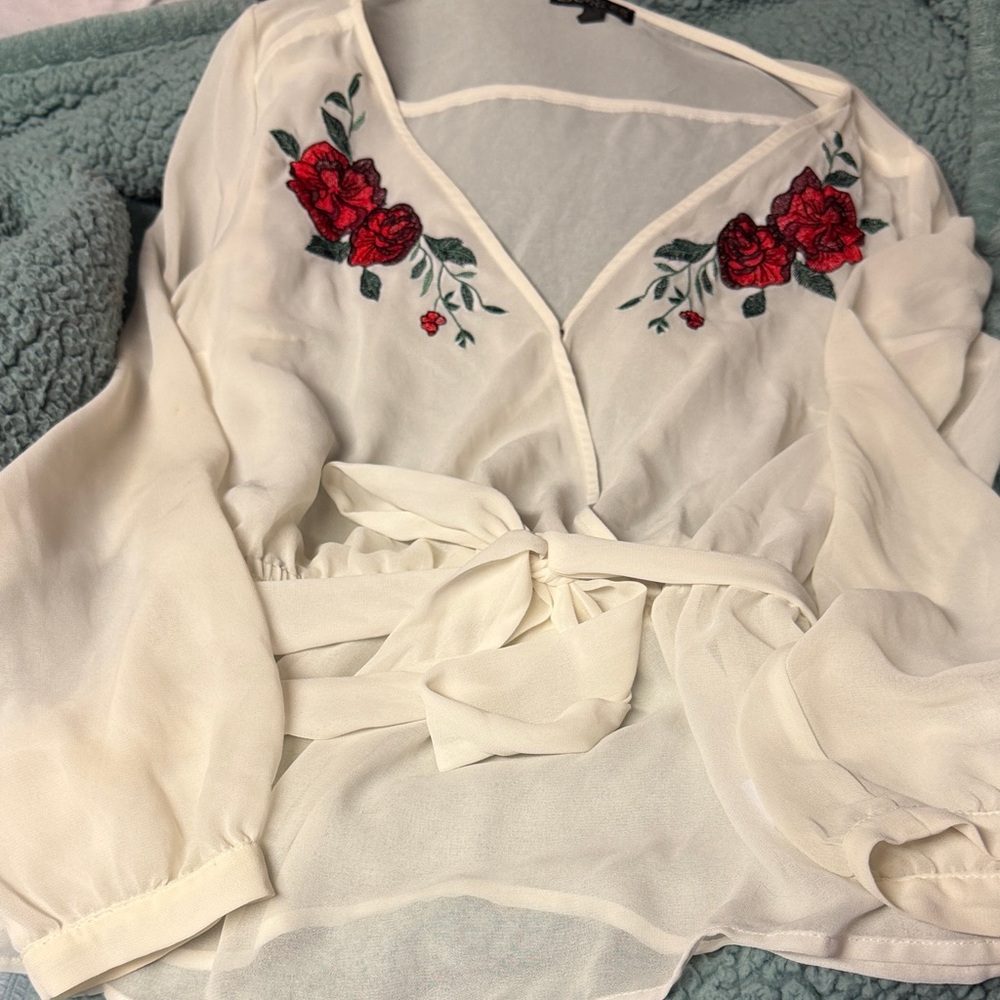 Cream Wrap Blouse with Red Floral Embroidery